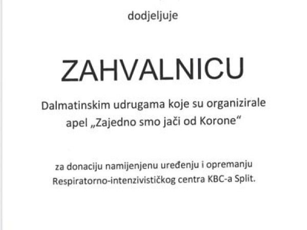 KBC Split dodjelio Zahvalnicu dalmatinskim udrugama koje su organizirale apel “Zajedno smo jači od Korone